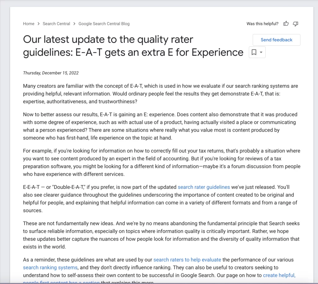 screenshot of googles eeat guidelines